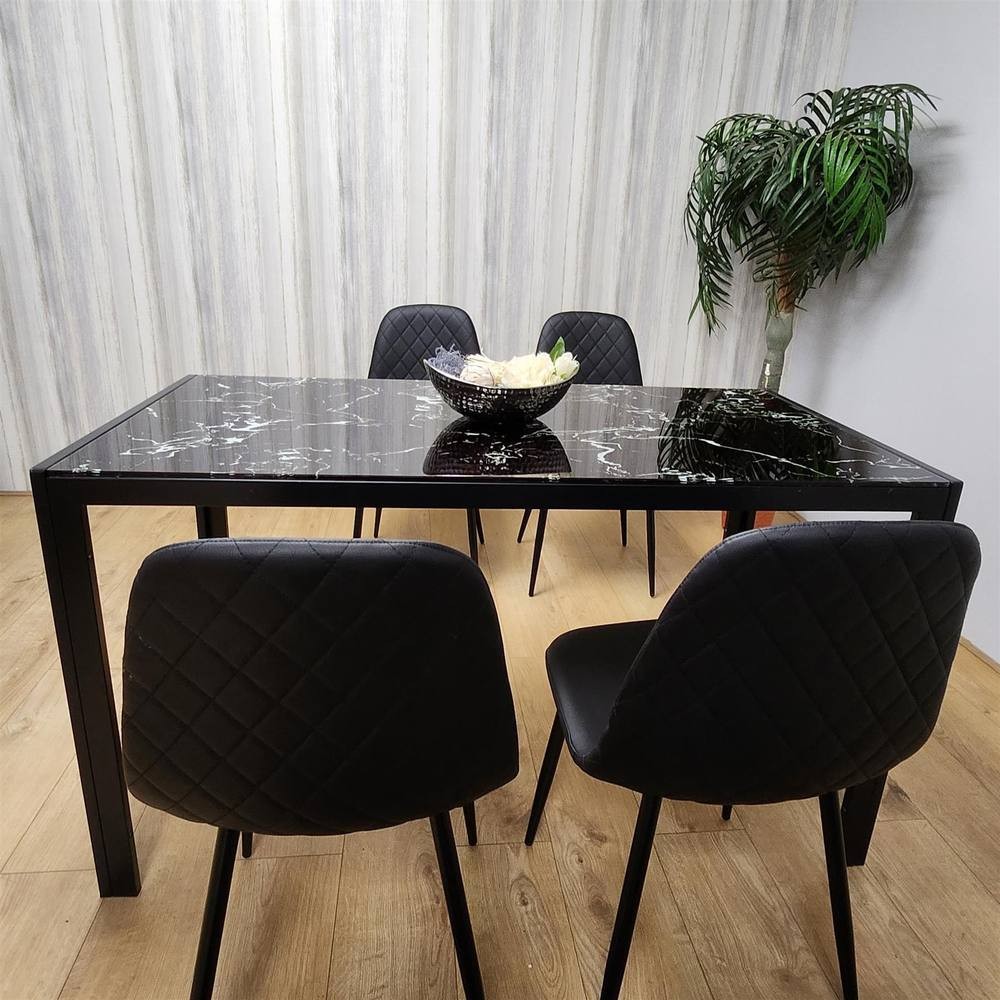 Kosy Koala 4 Seater Glass and Faux Leather Diamond Stitch Dining Set Black and Marble Effect - image 5