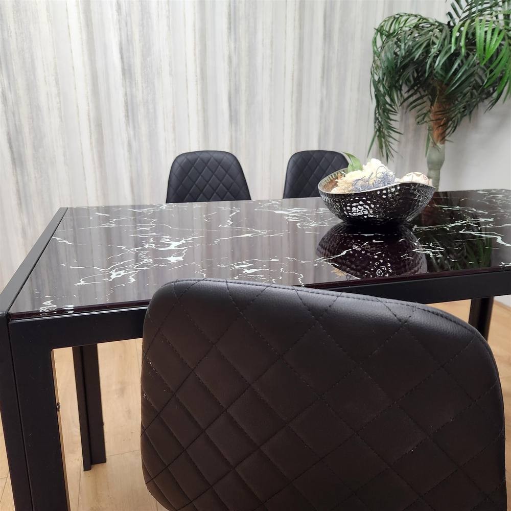 Kosy Koala 4 Seater Glass and Faux Leather Gem Pattern Dining Set Black and Marble Effect - image 4
