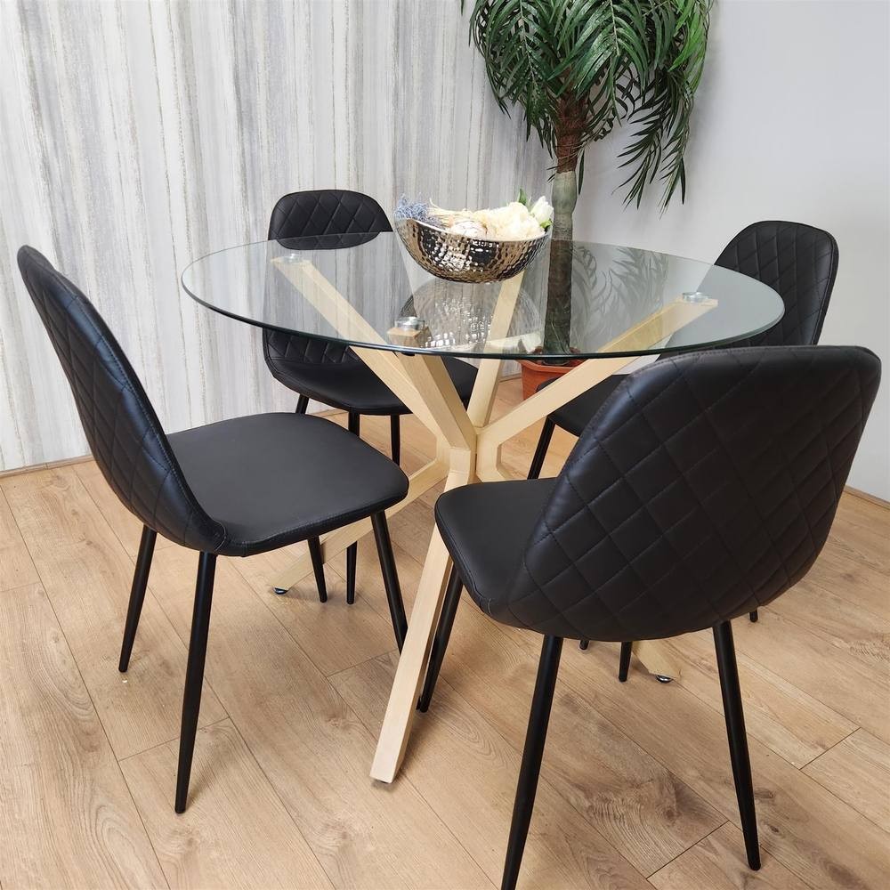 Kosy Koala 4 Seater Glass and Faux Leather Gem Pattern Round Dining Set Black - image 2