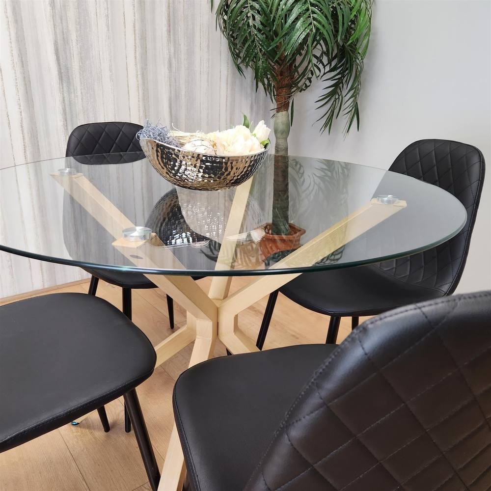 Kosy Koala 4 Seater Glass and Faux Leather Gem Pattern Round Dining Set Black - image 3