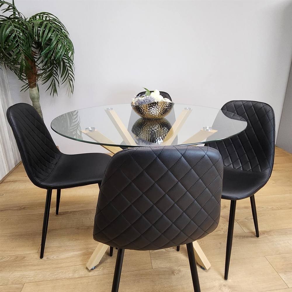 Kosy Koala 4 Seater Glass and Faux Leather Gem Pattern Round Dining Set Black - image 4