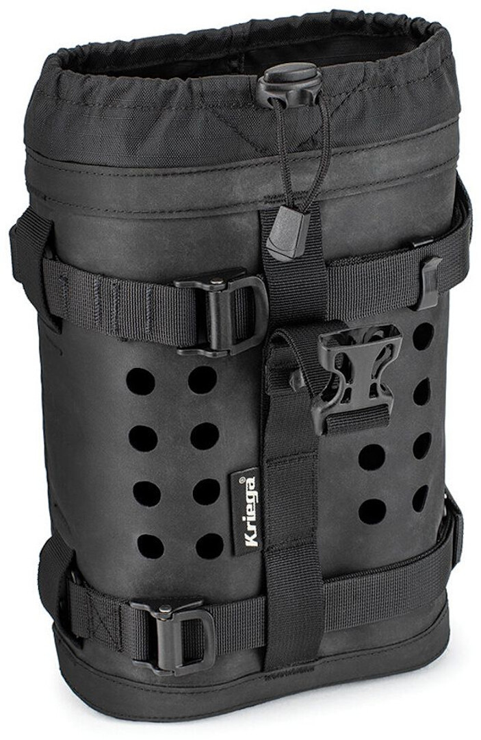 Black Kriega OS-Bottle holder made of durable material, featuring adjustable straps, a roll-top closure, and ventilation holes for secure bottle storage.