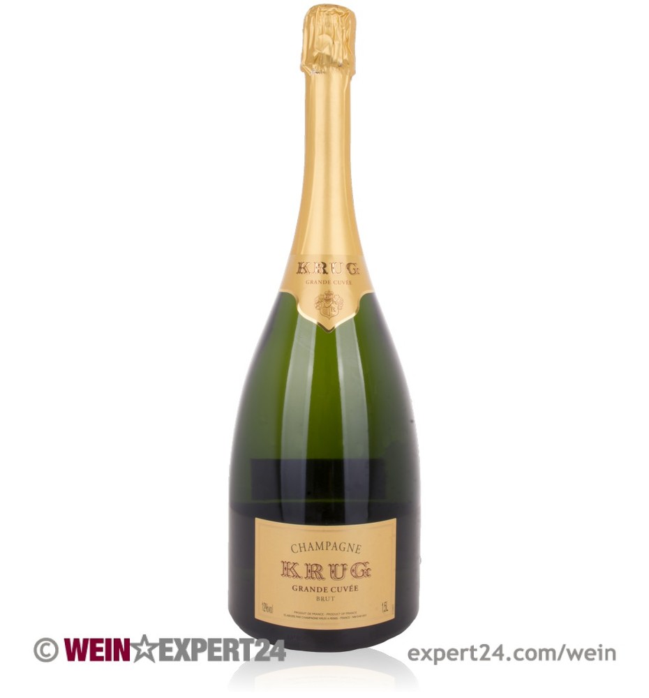 Krug Grande Cuvee Edition 168eme Champagne Magnum, 1.5 L, features a dark green glass bottle with a gold foil neck and an elegant label displaying the brand and champagne details.