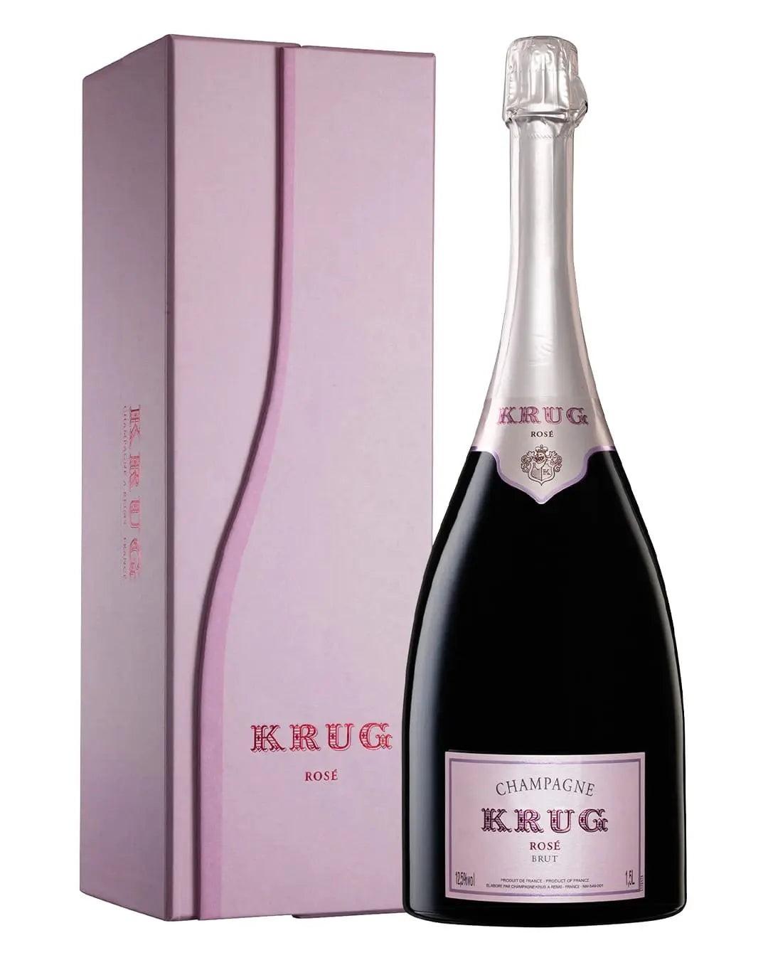 Krug Rosé Brut Magnum Champagne, 1.5 L, features a sleek dark bottle with a silver neck and pink label, presented in an elegant pink gift box with a wave design.