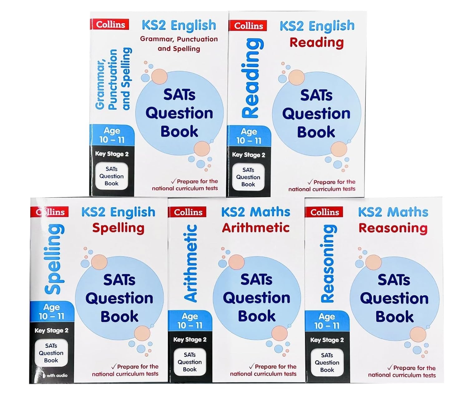 Five colorful books in a set, featuring titles for English Grammar, Reading, Spelling, Arithmetic, and Reasoning, designed for KS2 students aged 10-11, by Collins.