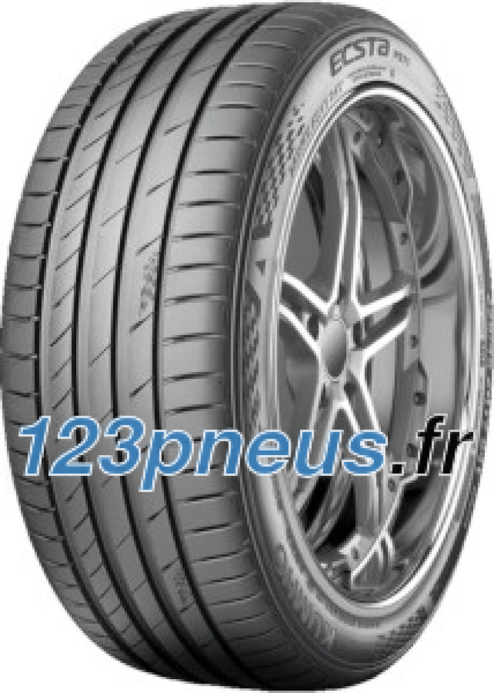 Kumho Ecsta PS71 EV tire in size 245/45 ZR19, featuring a sleek black rubber design with deep grooves and a rim protection ridge, mounted on a stylish silver alloy wheel.