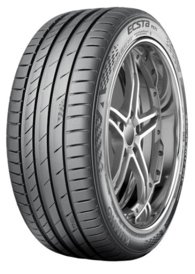 Black summer tyre with a sleek design, featuring wide grooves for enhanced grip, marked with "Ecsta PS71" and "Kumho," mounted on a silver alloy wheel.