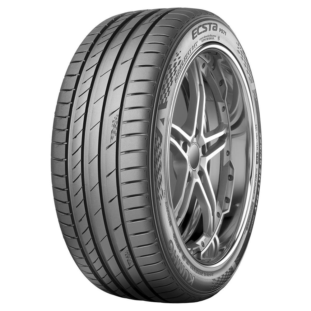 Kumho Ecsta PS71 XRP tire in size 225/40 ZR18, featuring a sleek black rubber tread with a distinctive tread pattern, rim protection ridge, and a shiny silver alloy wheel.