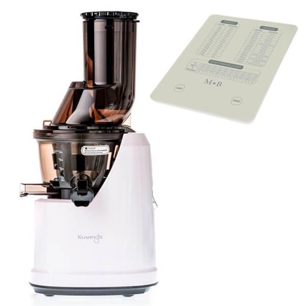 Kuvings B1700 Whole Slow Juicer in white with a sleek design, featuring a large feeding chute and a complimentary gift of a recipe guide.