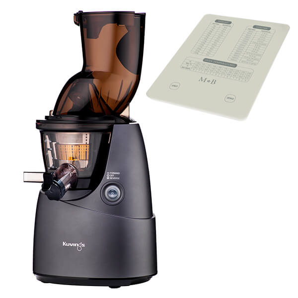 Kuvings B8200 Whole Slow Juicer in matte gunmetal finish, featuring a large feeding chute, transparent juice container, and a free gift of a recipe guide.