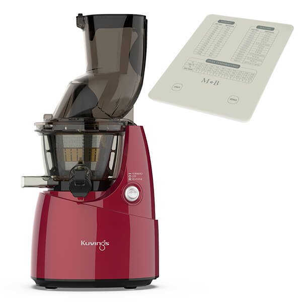 Kuvings B8200 Whole Slow Juicer in vibrant red, featuring a sleek design, a large feeding chute, and a complimentary recipe guide.