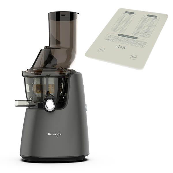 Kuvings C9500 Whole Slow Juicer in matte gunmetal finish features a sleek design, a large feeding chute, and includes a free gift guide.