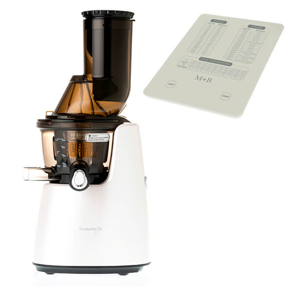 Kuvings C9500 Whole Slow Juicer in matte white with a transparent juice container, featuring a sleek design and a free gift of a recipe guide.
