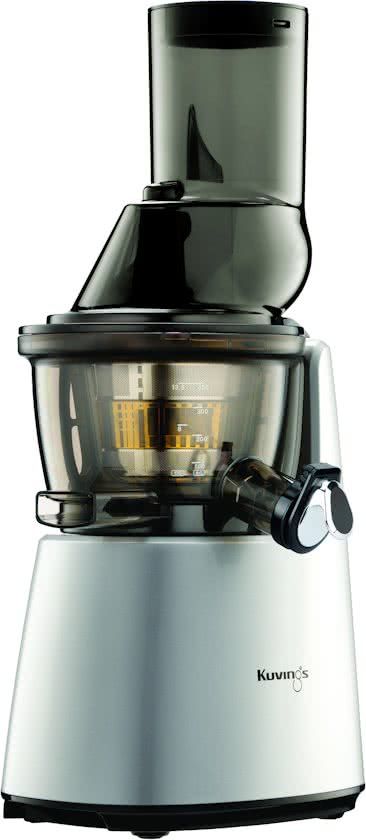 Kuvings C9500 Whole Slow Juicer in silver with a sleek design, featuring a large feeding chute, transparent juice container, and a black top section for easy operation.