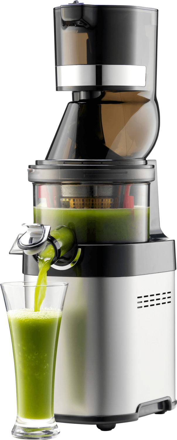 Kuvings CS600 Whole Slow Juicer in sleek black and silver, featuring a large feeding chute, juice spout, and a glass filled with vibrant green juice beside it.