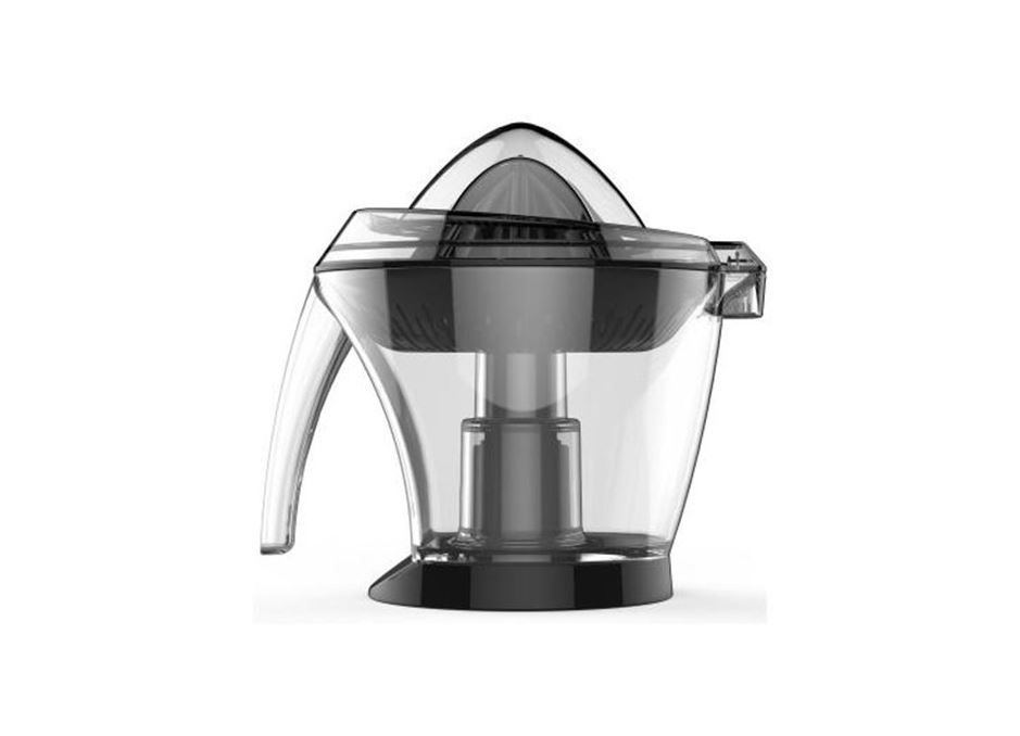 Kuvings EVO820 Citrus Juicer Module features a sleek transparent plastic body with a black base, a cone-shaped juicing element, and a comfortable handle for easy pouring.