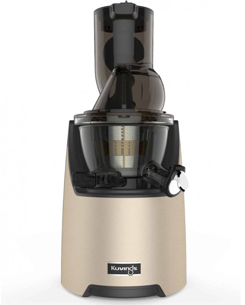 Champagne gold Kuvings EVO820 Evolution Cold Press Juicer with a sleek design, transparent juice container, and a black feeding chute, includes a free gift.