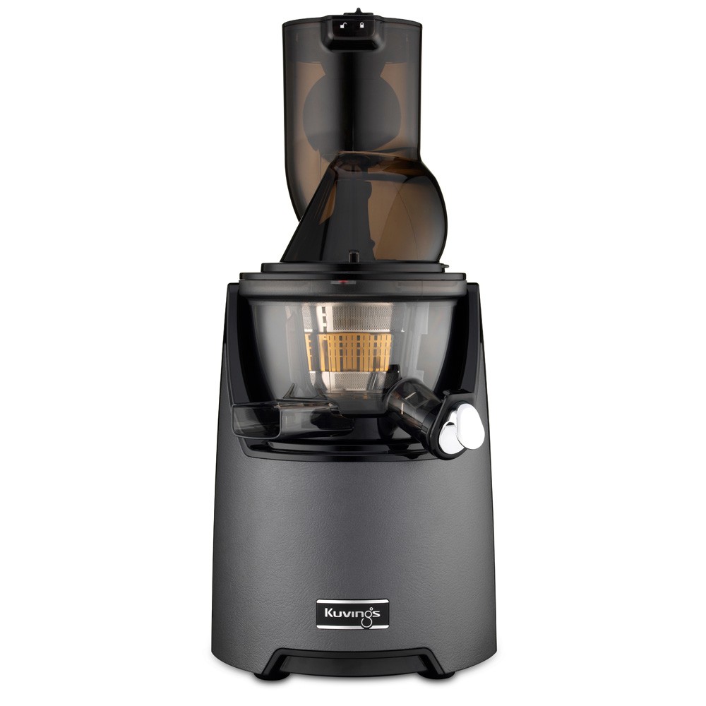 Kuvings EVO820 Evolution Cold Press Juicer in gunmetal gray features a sleek design, transparent juice container, and a large feeding chute, accompanied by a free gift.