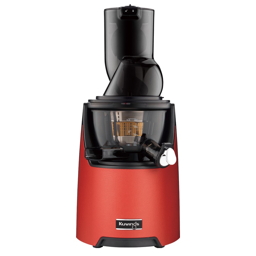 Kuvings EVO820 Evolution Cold Press Juicer in vibrant red with a sleek black top, featuring a large juicing chamber and a stylish design, includes a free gift.