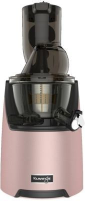 Kuvings EVO820 Evolution Cold Press Juicer in rose gold, featuring a sleek design, transparent juice container, and a black top section for easy operation.