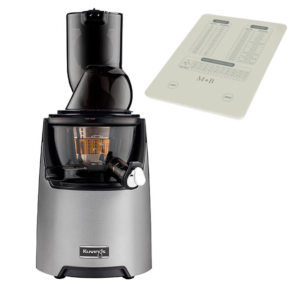 Kuvings EVO820 Evolution Cold Press Juicer in silver, featuring a sleek design, transparent juice container, and a free gift recipe guide.