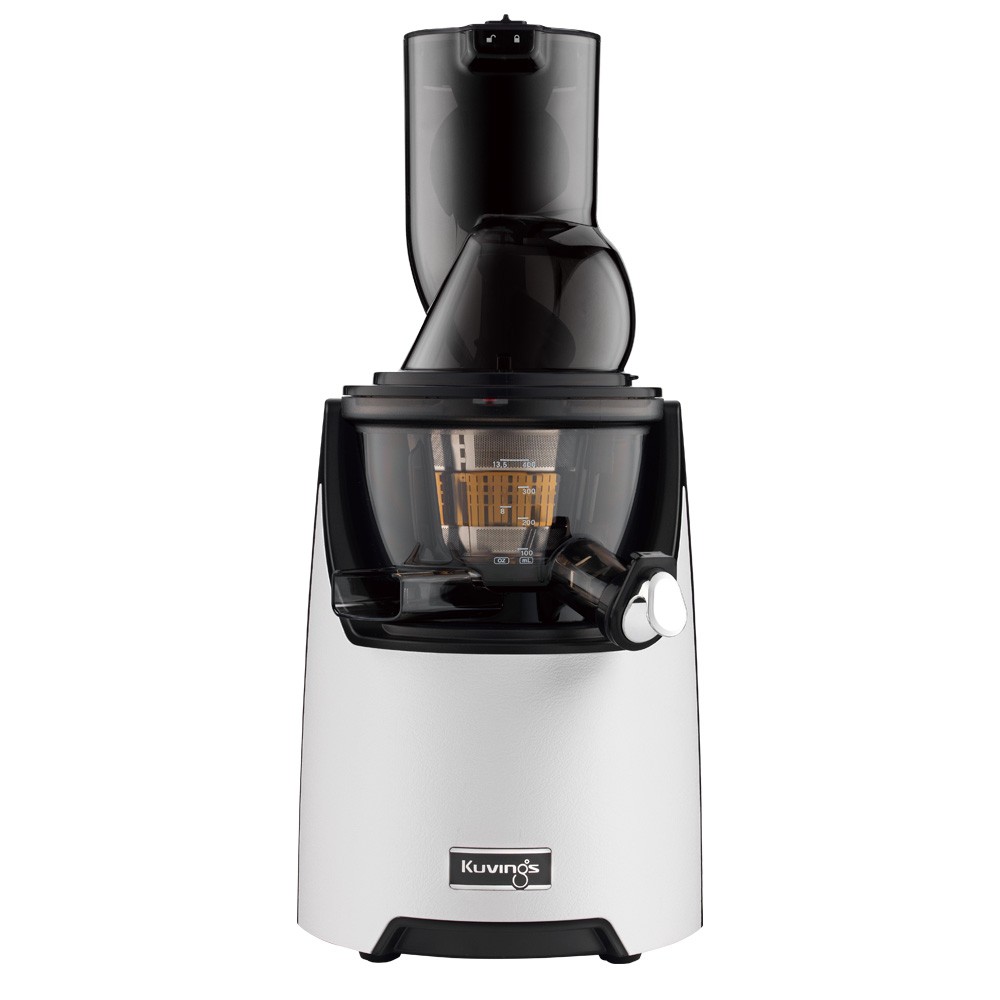 Kuvings EVO820 Evolution Cold Press Juicer in white with a sleek design, featuring a black juicing chamber and a control knob, includes a free gift.