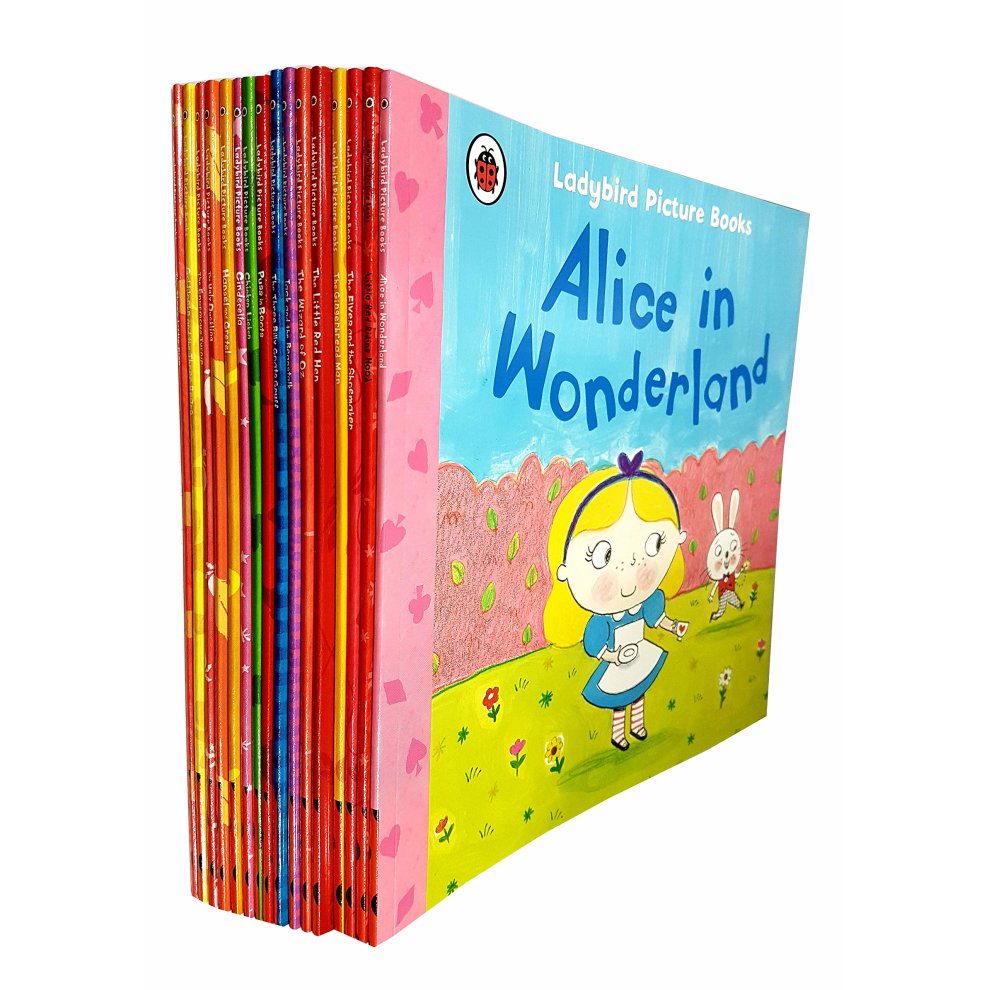 A colorful collection of 16 Ladybird picture books, featuring titles like "The Three Little Pigs" and "Goldilocks," with vibrant covers and a sturdy, glossy finish.