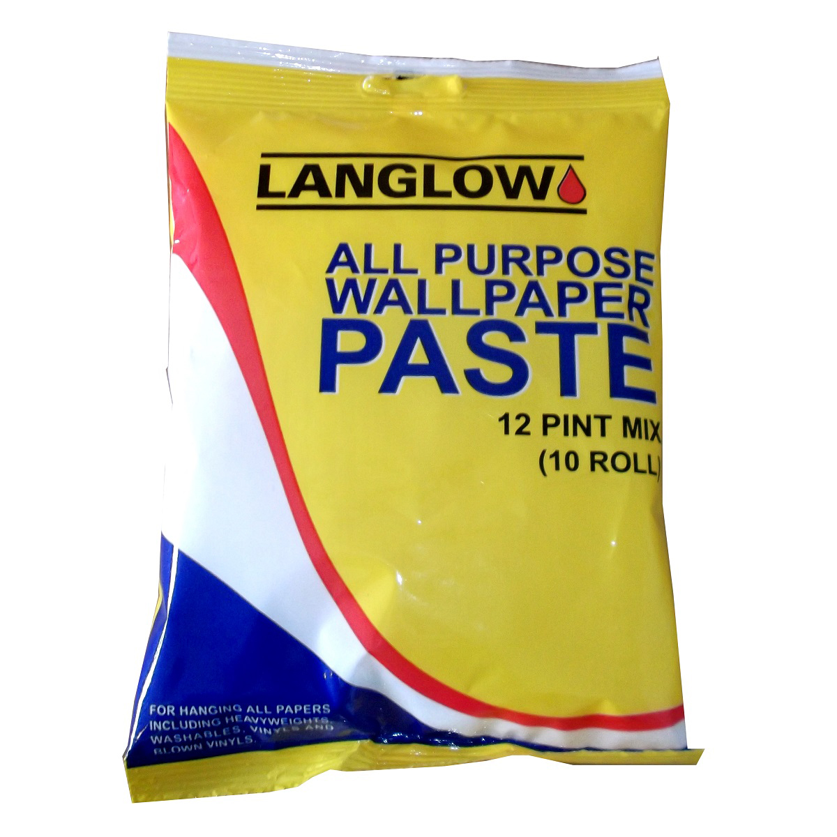 Yellow packaging for Langlow Wallpaper Paste, featuring a red drop logo, blue and white accents, and text indicating it's an all-purpose paste for 10 rolls, 12 pint mix.