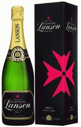 Lanson Black Label Magnum champagne bottle in a sleek black gift box featuring a pink cross logo, showcasing a 1.5 L capacity with a gold foil neck.