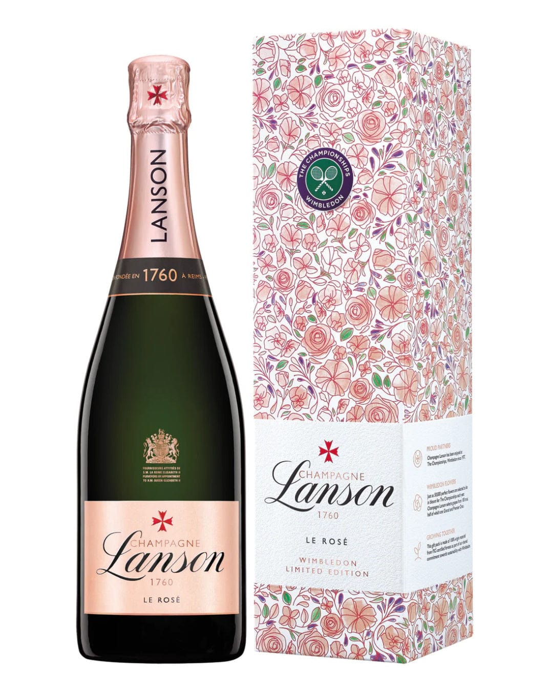 Lanson Le Rosé Champagne bottle in a sleek black and rose gold design, accompanied by a floral-patterned gift box featuring Wimbledon branding and vibrant pink flowers.