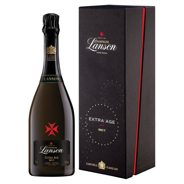 Lanson Noble Brut Vintage 2004 Champagne in a sleek black gift box, featuring a red star logo and gold accents, with a 75 cl bottle showcasing elegant curves and a dark label.