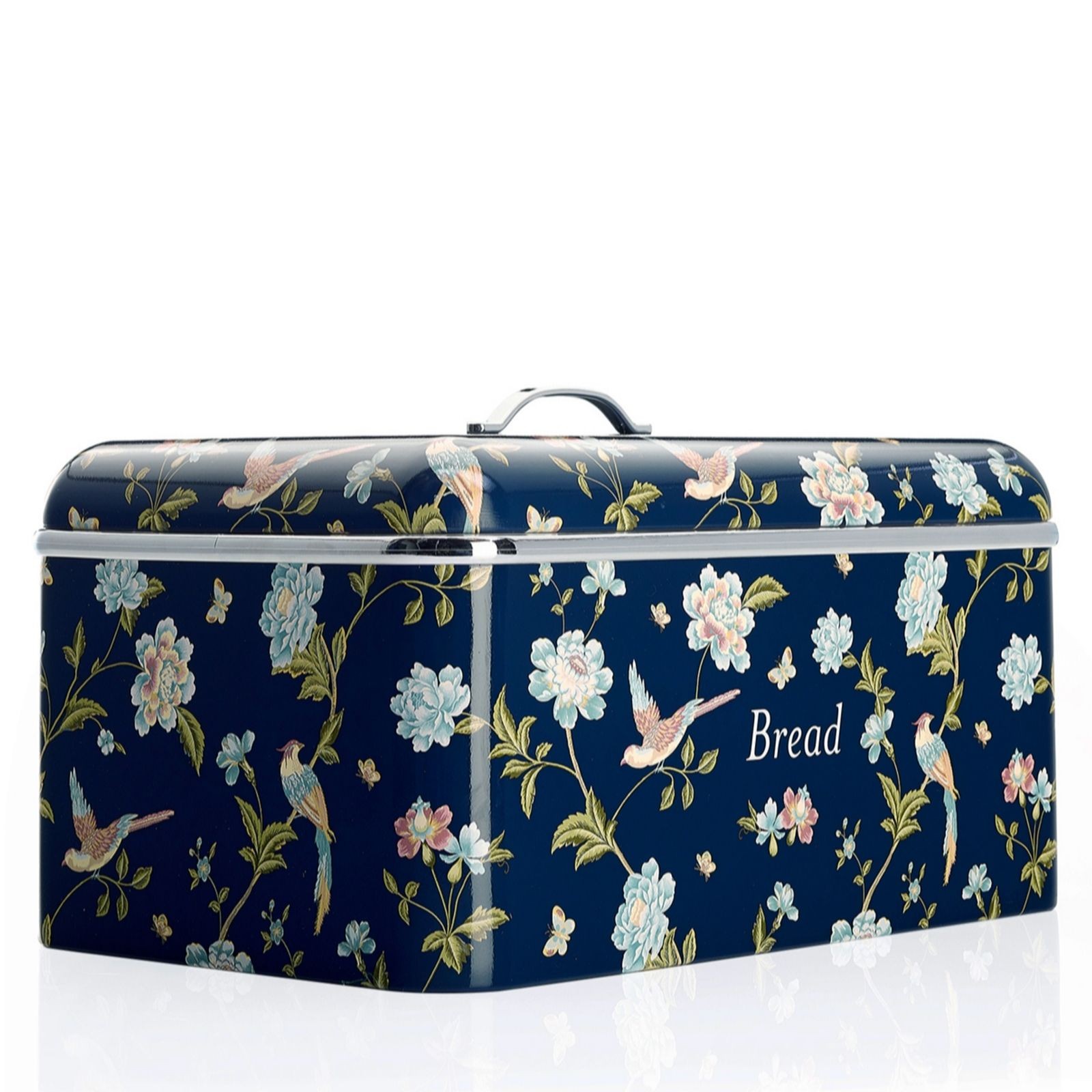 Navy blue metal bread bin featuring a floral design with birds, accented with white trim and the word "Bread" elegantly displayed on the front.