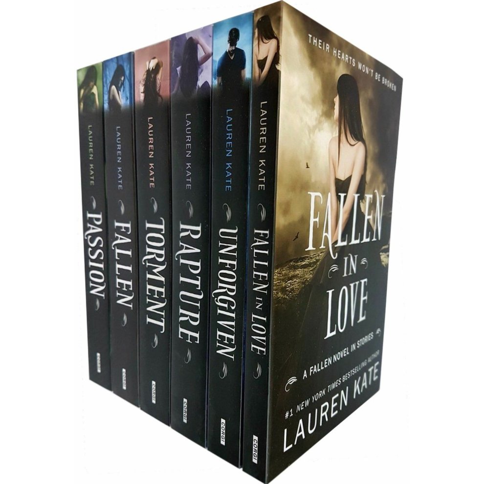 Six paperback books from the "Fallen Series" by Lauren Kate, featuring dark covers with images of figures and a prominent title, arranged vertically with a glossy finish.
