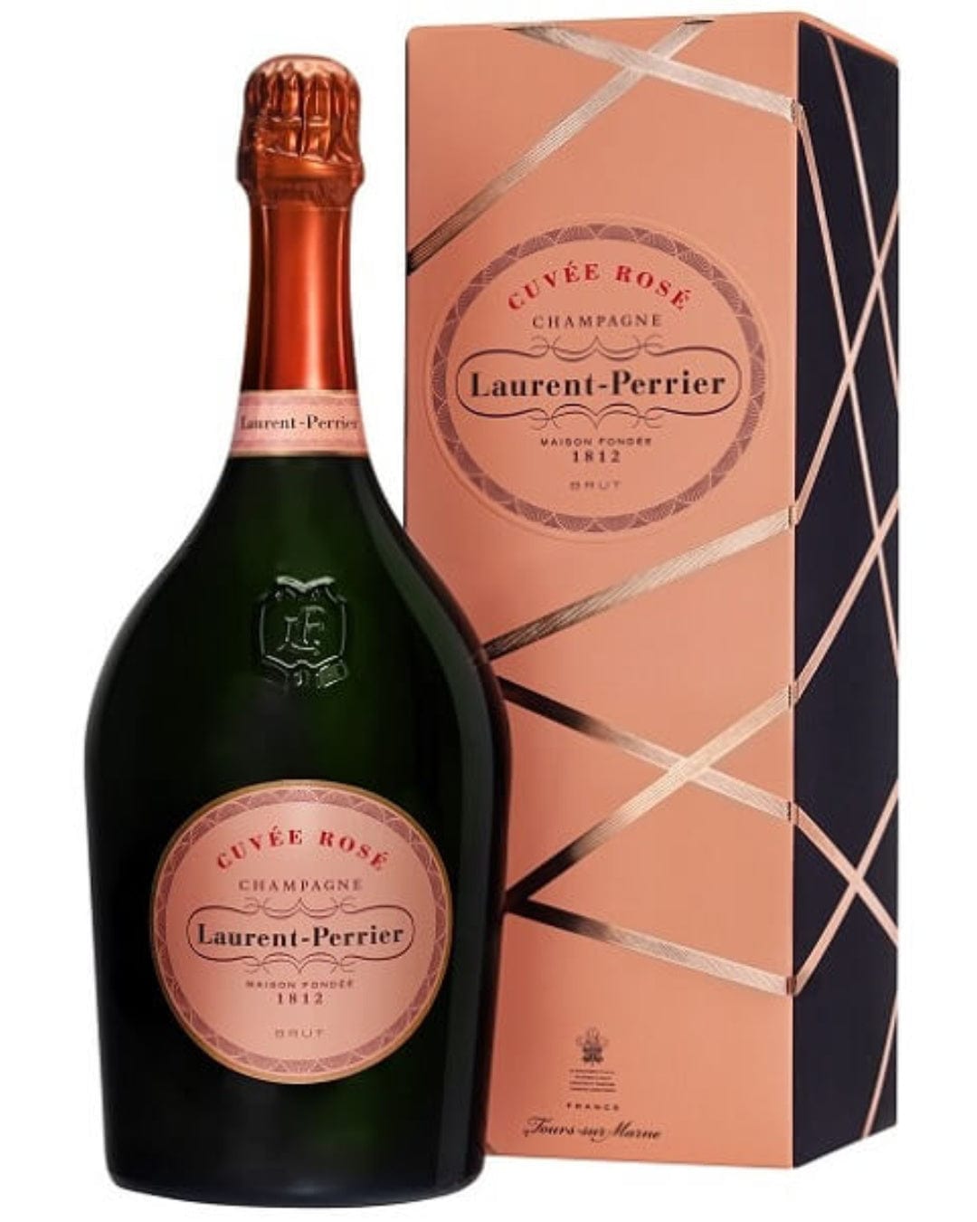 A 1.5 L magnum bottle of Laurent-Perrier Cuvée Rosé champagne in a sleek, dark green glass, accompanied by a stylish pink and gold gift box featuring geometric patterns.