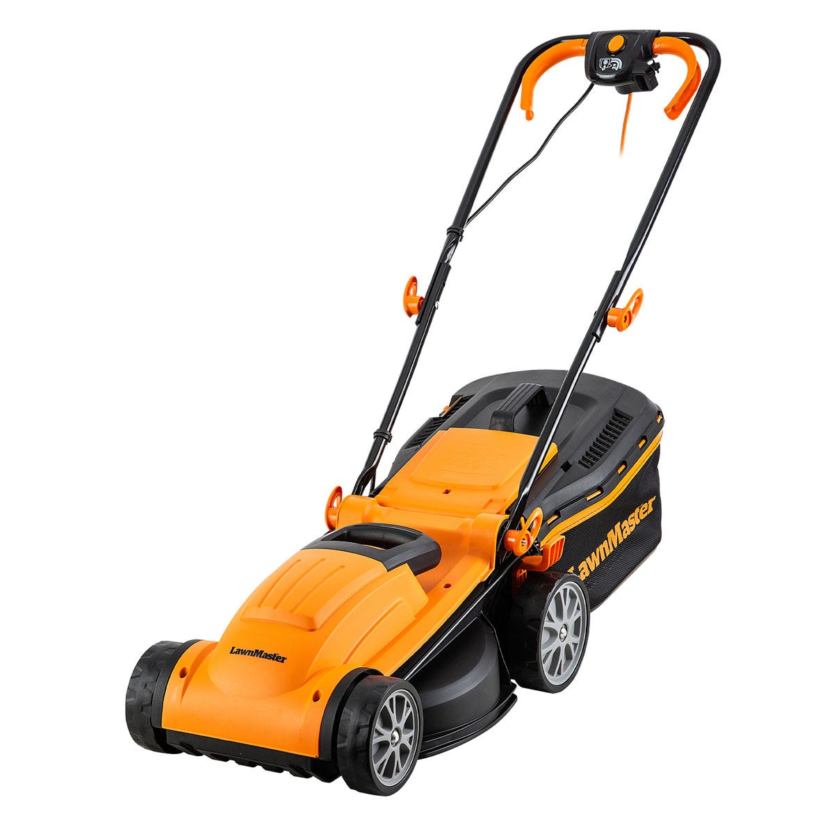 LawnMaster 1400W electric lawnmower in orange and black, featuring a 34cm cutting width, rear roller, and ergonomic handle for easy maneuverability.