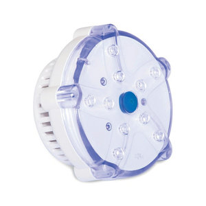 Round, white LED light accessory for hot tubs with a clear, purple-tinted cover; features multiple LEDs for 7 color options, designed for underwater use.