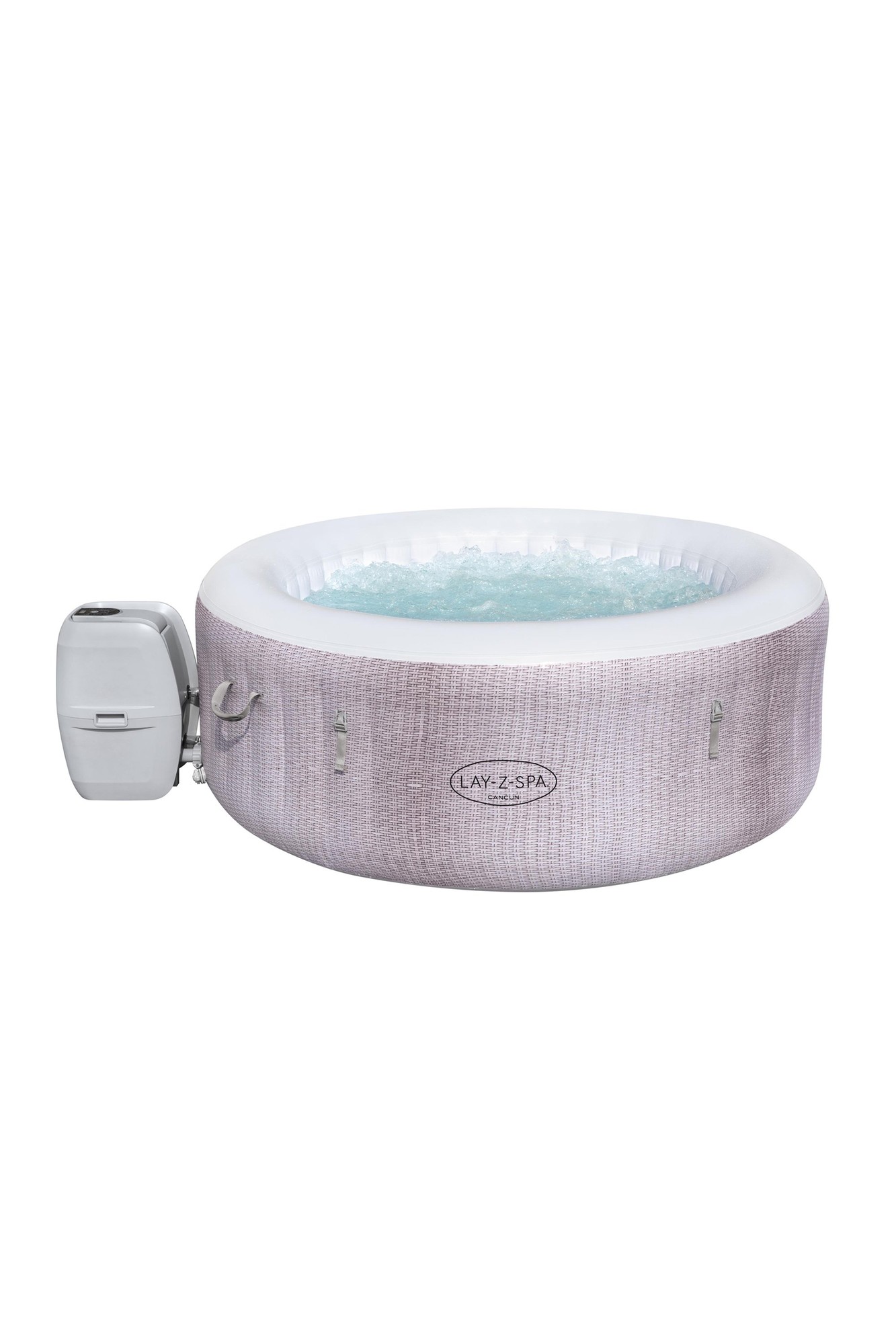 Round inflatable hot tub in grey with a textured pattern, featuring a built-in pump and bubbling water, designed for outdoor relaxation.