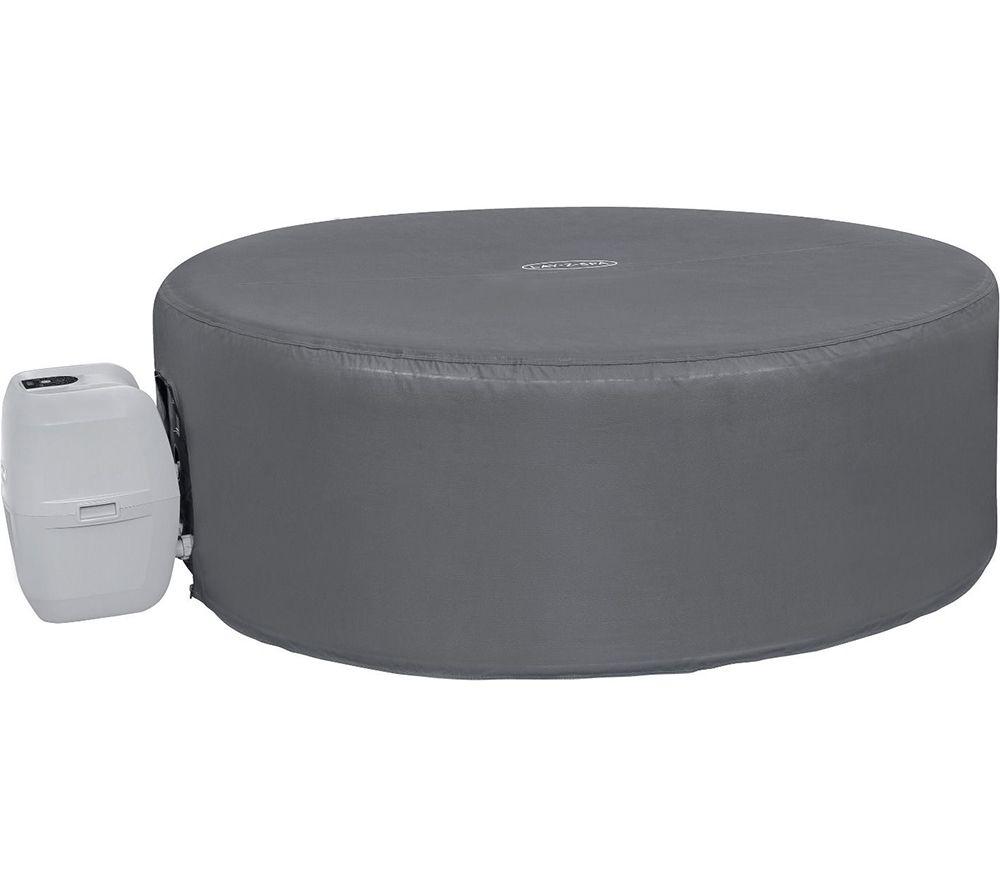 Round thermal cover in grey, measuring 71" x 26", designed for Lay-Z-Spa, featuring a smooth fabric exterior and a side attachment for the spa's pump.