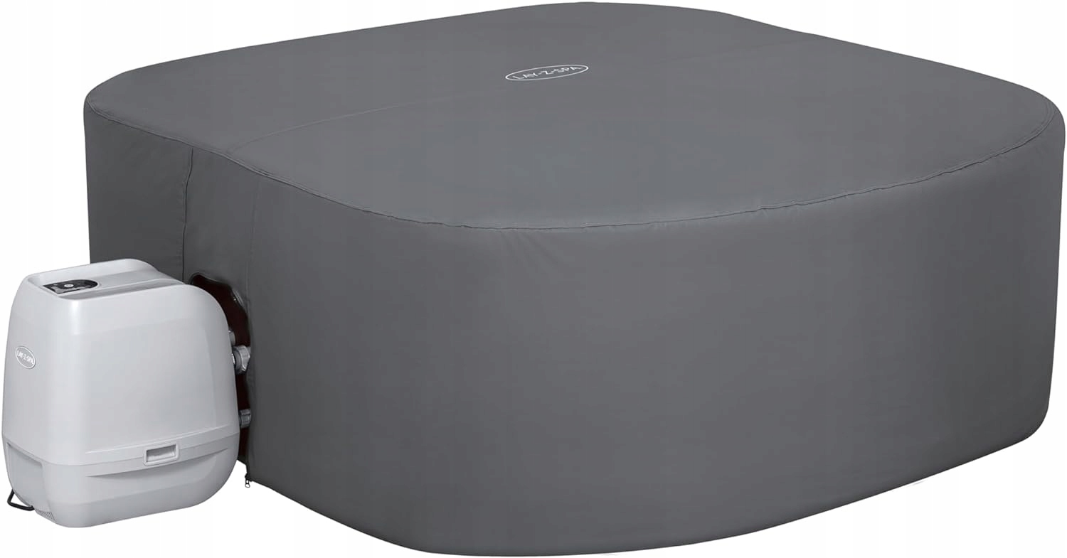 Grey square thermal hot tub cover with a smooth exterior, designed for large hot tubs, featuring a white control unit attached on one side.