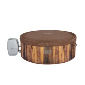 Round inflatable hot tub with a wood effect exterior, featuring a brown cover and a gray control unit on the side, designed for outdoor relaxation.