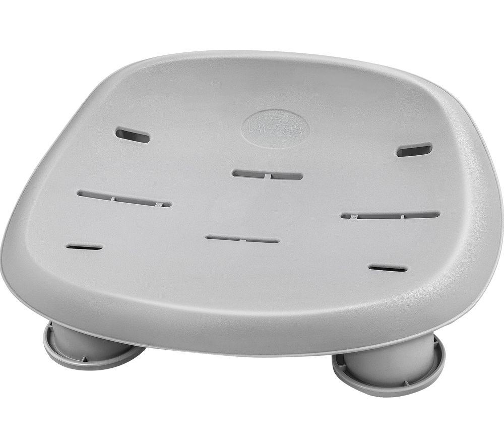 Grey adjustable hot tub seat with a smooth plastic surface, featuring ventilation slots and sturdy legs for stability.
