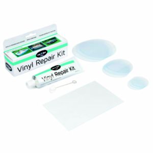 Lay-Z-Spa Vinyl Repair Kit featuring a tube of adhesive, clear vinyl patches in various sizes, a repair sheet, and a small applicator, all packaged in a compact box.