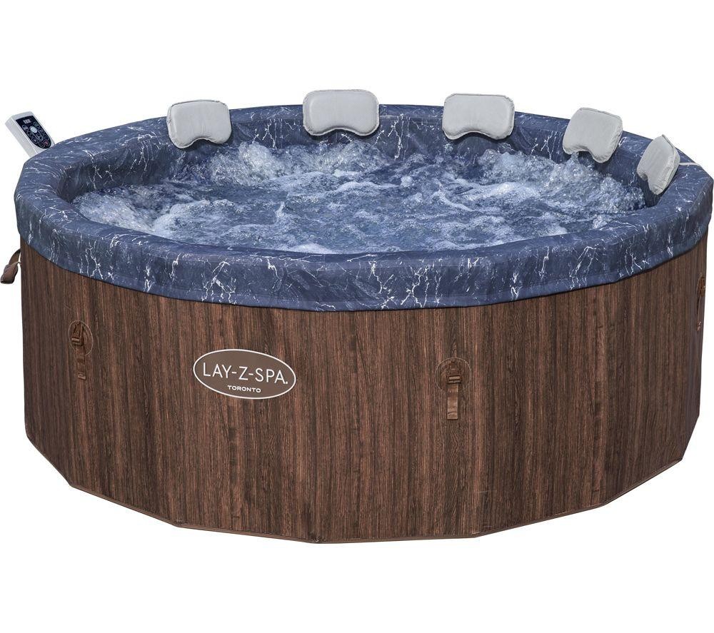 Brown inflatable hot tub with a marble-patterned blue interior, featuring a control panel and four cushioned headrests, designed for relaxation and comfort.