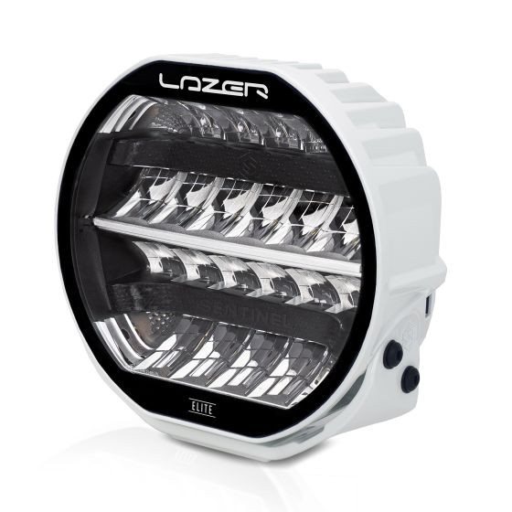 Lazer Lamps Sentinel Elite LED light features a round white housing with a black front, showcasing multiple LED strips for enhanced visibility and a position light function.