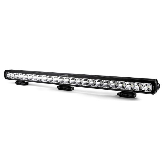 Lazer Lamps T24 Evolution Off Road LED Light Bar features a sleek black aluminum housing with multiple bright LED bulbs arranged in a long, narrow design for enhanced visibility.