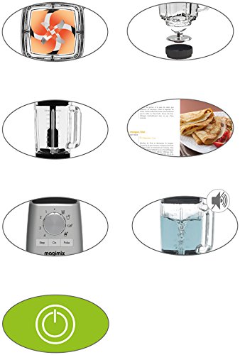 Sleek silver "Le Blender Satin" by Magimix features a glass jar, stainless steel blades, a control panel with dials, and a green power button.