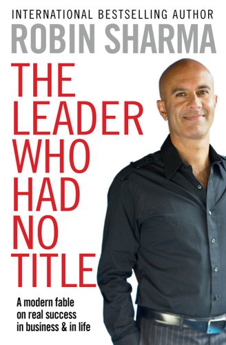 Book cover featuring a smiling man in a black shirt, with the title "The Leader Who Had No Title" in bold red letters, and the author's name, Robin Sharma, prominently displayed.