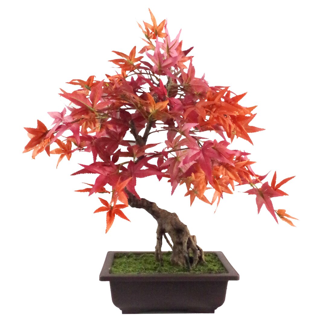 Vibrant artificial red maple bonsai tree with multicolored leaves in shades of red and orange, set in a dark rectangular pot with green moss.