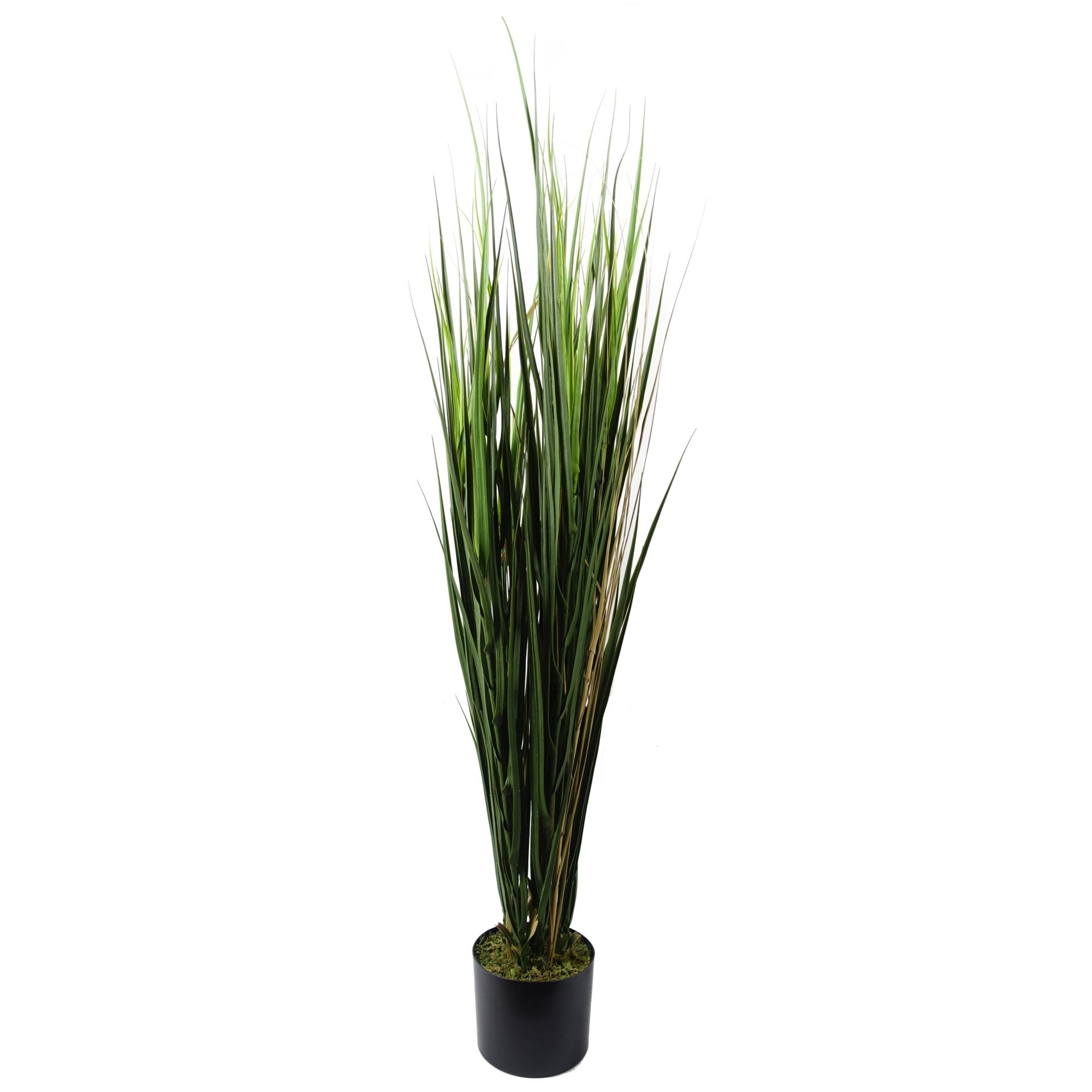 Tall artificial grass plant, 130 cm, featuring vibrant green blades with UV resistance, set in a black pot with moss for a realistic outdoor look.