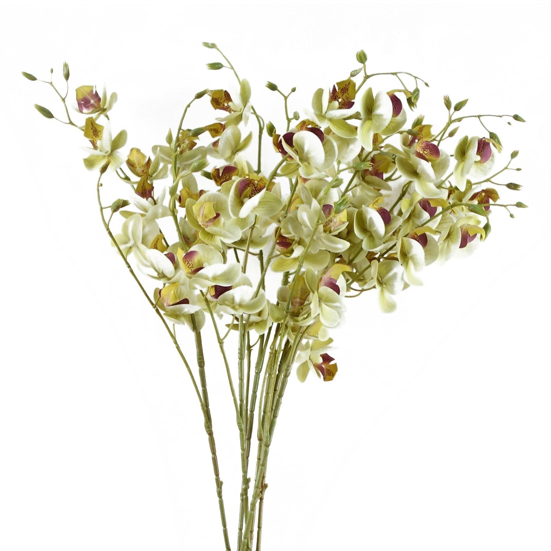 Cream artificial mini orchid stem pack of six, each 80cm long, featuring delicate cream petals with purple accents and green foliage for a realistic floral look.